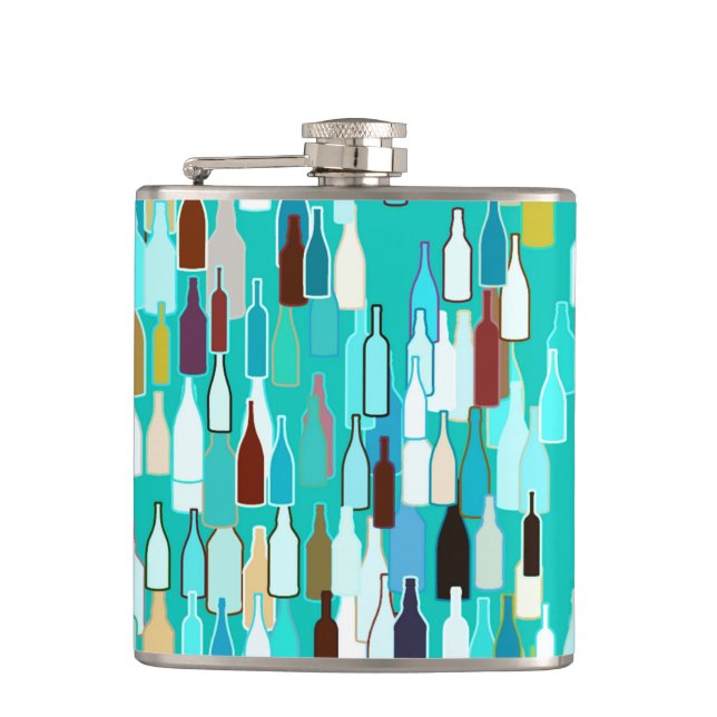 Wine bottles, multi colours, turquoise background hip flask (Front)