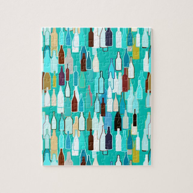 Wine bottles, multi colours, turquoise background jigsaw puzzle (Vertical)
