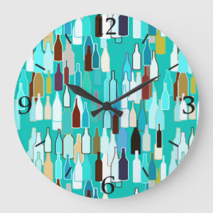 Wine bottles, multi colours, turquoise background large clock
