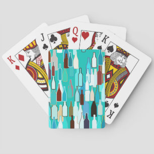 Wine bottles, multi colours, turquoise background playing cards