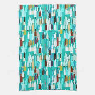 Wine bottles, multi colours, turquoise background tea towel