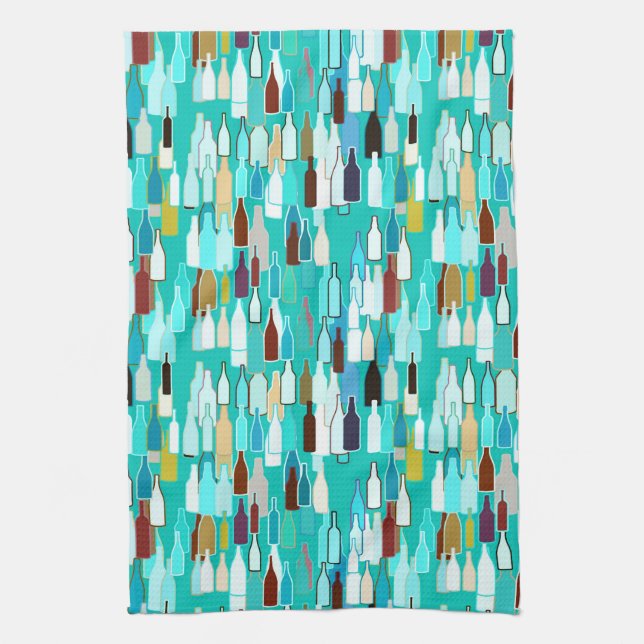 Wine bottles, multi colours, turquoise background tea towel (Vertical)