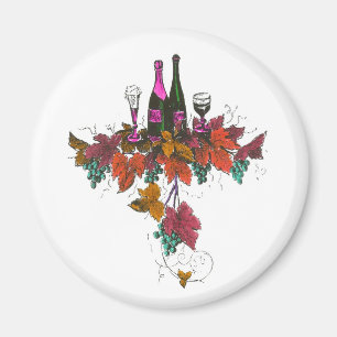 Wine bottles on green grapes and purple leaves magnet