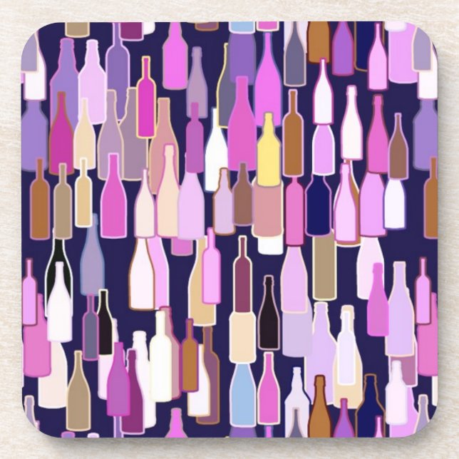 Wine bottles pattern, multi colour, dark blue back coaster (Front)