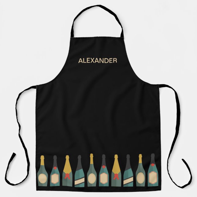 Wine Bottles Personalise Black Apron (Front)