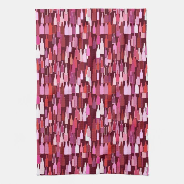 Wine bottles, shades of plum, burgundy background tea towel (Vertical)