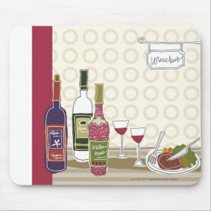 Wine bottles with wineglasses on table mouse pad