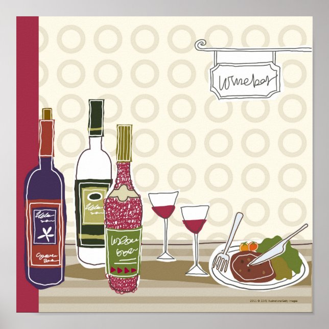 Wine bottles with wineglasses on table poster (Front)