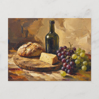 Wine Bread Cheese Grapes Abstract art painting Postcard