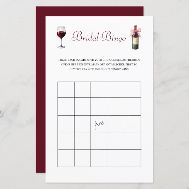 Wine Bridal Bingo Bachelorette Game Stationery (Front/Back)