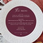 Wine Burgundy Fall Wedding. Minimalist Plum Circle Menu<br><div class="desc">Set the tone for a warm, romantic celebration with this deep wine and burgundy round menu card. The minimalist plum design creates a refined yet cosy look - perfect for fall weddings and seasonal events. Its modern circular shape adds a contemporary edge, while the elegant colour palette complements rustic, boho,...</div>