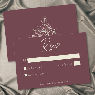Wine Burgundy Minimalist Leaf Acorn Fall Wedding RSVP Card