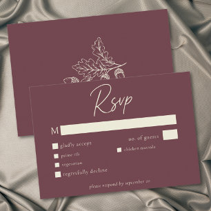 Wine Burgundy Minimalist Leaf Acorn Fall Wedding RSVP Card