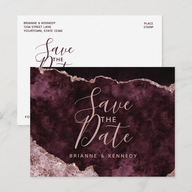 Wine Burgundy Rose Gold Agate Marble Save the Date Announcement Postcard (Front/Back)