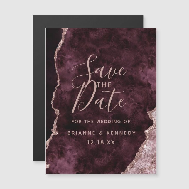 Wine Burgundy Rose Gold Agate Marble Save the Date Magnetic Invitation (Front/Back)