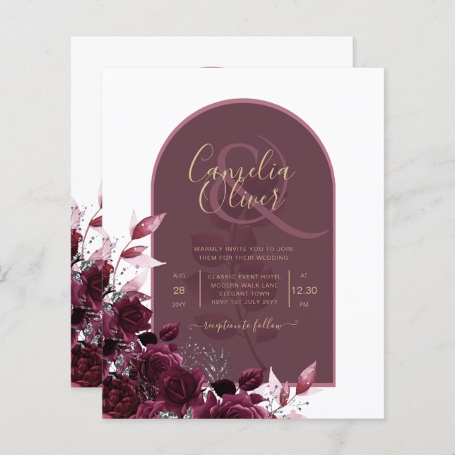 Wine Burgundy Roses Gold Text Wedding INVITE (Front/Back)