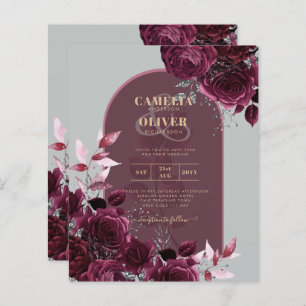 Wine Burgundy Roses Gold Text Wedding INVITE