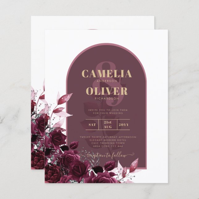 Wine Burgundy Roses Gold Text Wedding INVITE (Front/Back)
