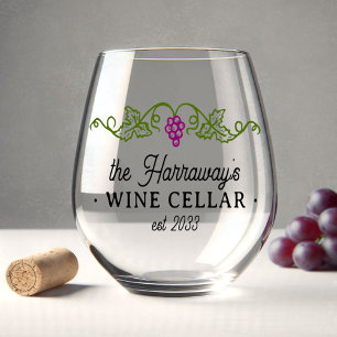 Wine Cellar Purple Grapes Personalised Name Date Stemless Wine Glass