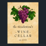 Wine Cellar Vintage Grapes Vineyard | Personalized Poster<br><div class="desc">This elegant wall poster is perfect for your wine cellar. It features a vintage cluster of grapes, recolored and brightened so they contrast nicely against the aged, slightly stained parchment background. The text reads [Your Name's] Wine Cellar, established [year]. All text can be changed through the templates or by customizing...</div>