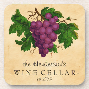 Wine Cellar with Grapes Vintage Personalised Name Coaster