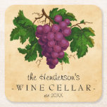 Wine Cellar with Grapes Vintage Personalised Name Square Paper Coaster<br><div class="desc">Create your own, custom vintage-looking wine cellar paper coaster set with this easy template. These elegant drink coasters feature an antique cluster of purple grapes, recolored and brightened so they contrast nicely against the aged, slightly stained parchment background. The text reads [Your Name's] Wine Cellar, established [year]. All text can...</div>