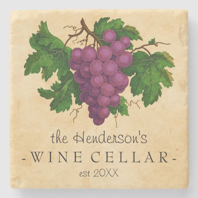 Wine Cellar with Grapes Vintage Personalised Name Stone Coaster (Front)