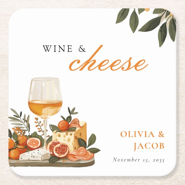 Wine & Cheese Engagement Party Square Paper Coaster (Front)