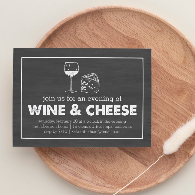 Wine & Cheese Party Black & White Chalkboard Invitation (Creator Uploaded)
