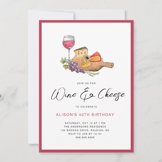 Wine & Cheese watercolor Birthday Party Invitation (Front)
