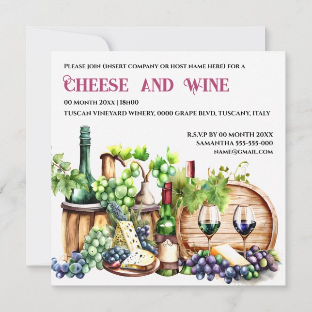 Wine cheese watercolor vineyard winery party invitation (Front)