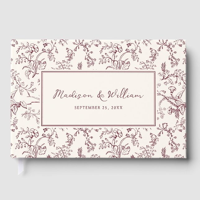 Wine Chinoiserie Pattern Wedding Guest Book (Front)