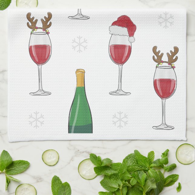 Wine Christmas Santa Reindeer Snowflakes Holiday  Tea Towel (Folded)