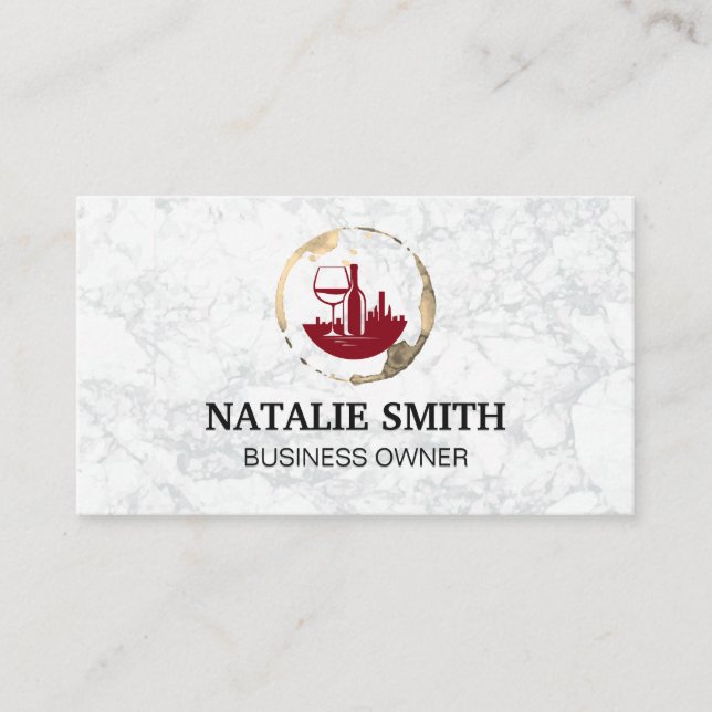 Wine City Skyline Logo | Stain | White Marble Business Card (Front)