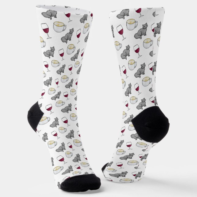 Wine Coffee and Cats Cute Cartoon Novelty Socks (Angled)