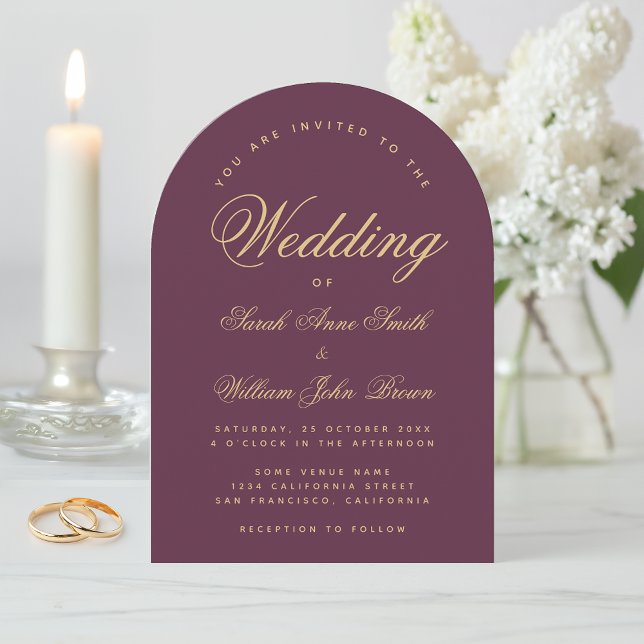 Wine Colour Arch Wedding Simple Golden Calligraphy Invitation (Creator Uploaded)