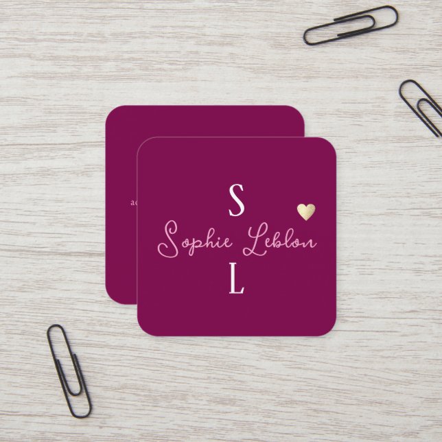 Wine Colour Girly Calligraphy Romantic Monogram Square Business Card (Front/Back In Situ)