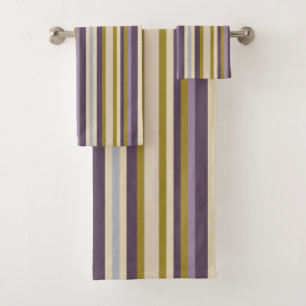 Wine Coloured Blue Purple Gold Vertical Stripe Bath Towel Set