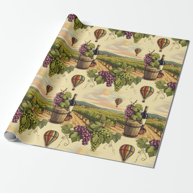 Wine Country Grapes and Hot Air Balloons Wrapping Paper (Unrolled)
