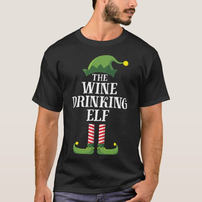 Wine Drinking Elf Matching Family Christmas T-Shirt (Front)
