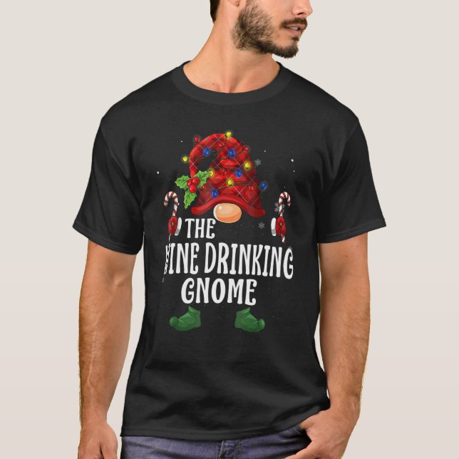 Wine Drinking Gnome Buffalo Plaid Matching Family  T-Shirt (Front)