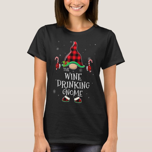 Wine Drinking Gnome Buffalo Plaid Matching Family  T-Shirt (Front)