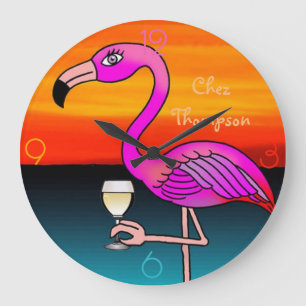 Wine drinking pink Flamingo personalized Large Clock