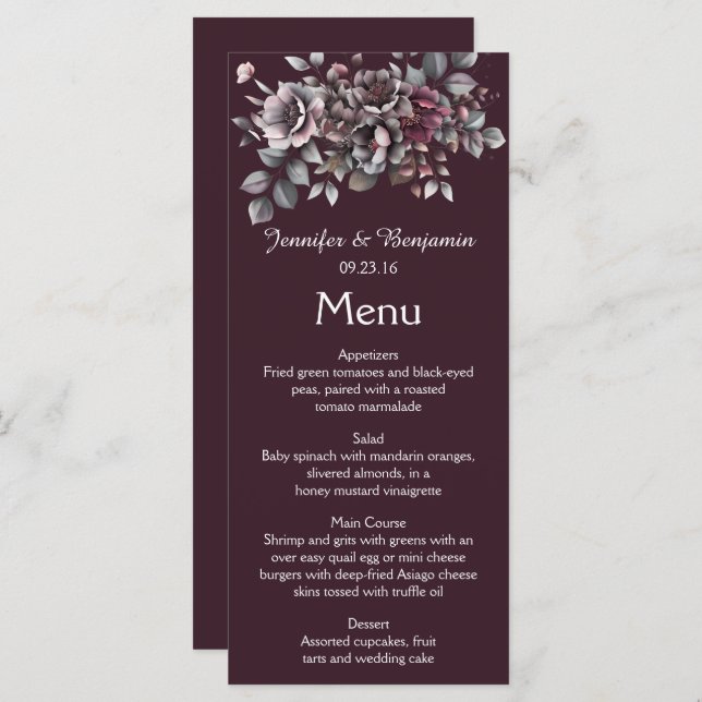 Wine, Dusty Purple, Dark Teal Wedding | Menu (Front/Back)