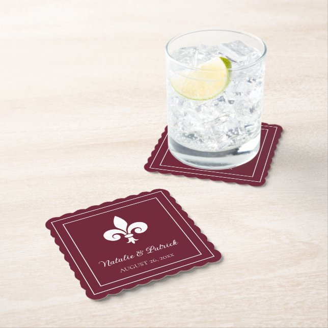 Wine Fleur de Lis Wedding Paper Coasters (Insitu)