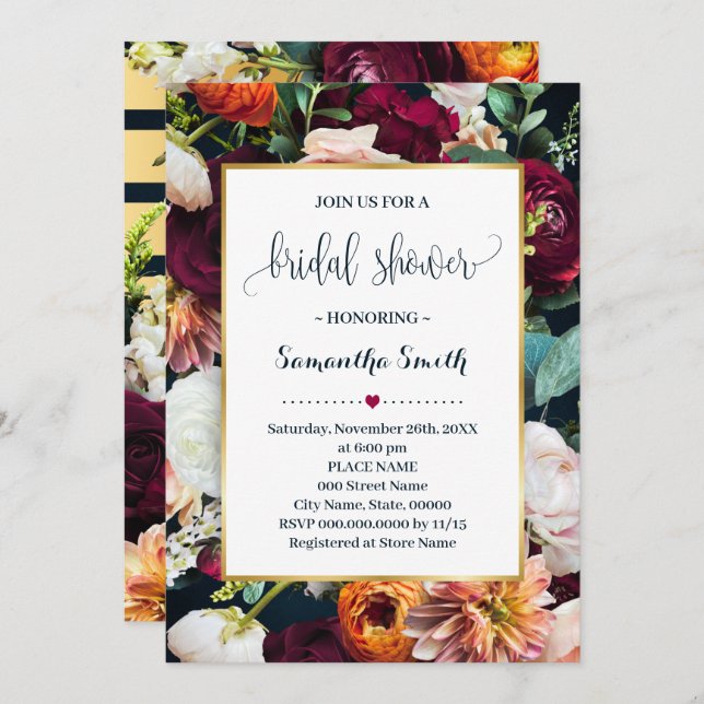 Wine Flowers Bridal Shower Navy Wedding Invitation (Front/Back)