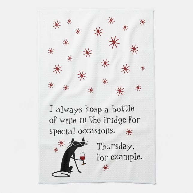 Wine for Special Occasions Funny Cat Tea Towel (Vertical)