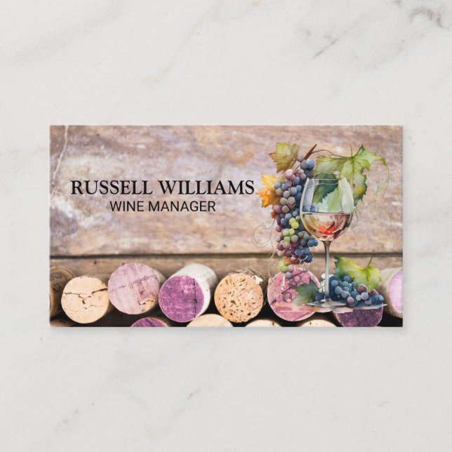 Wine Glass and Grapes | Corks Business Card (Front)