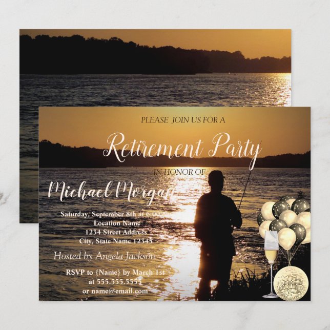 Wine Glass,Ballons,Fishing,Sunset Retirement Party Invitation (Front/Back)