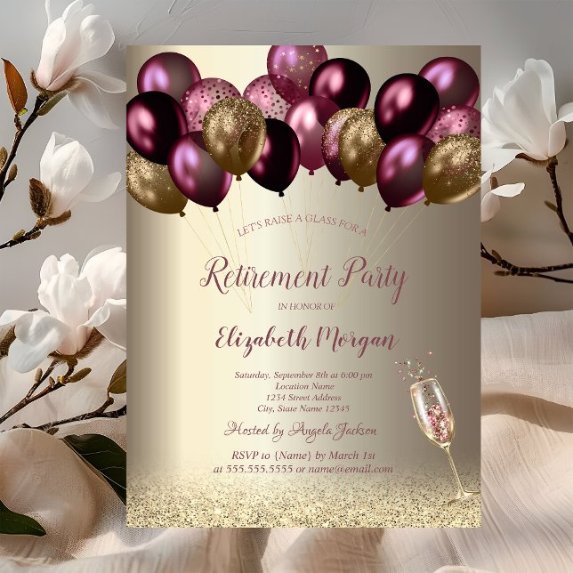 Wine Glass Balloons,Burgundy Retirement  Invitation (Creator Uploaded)